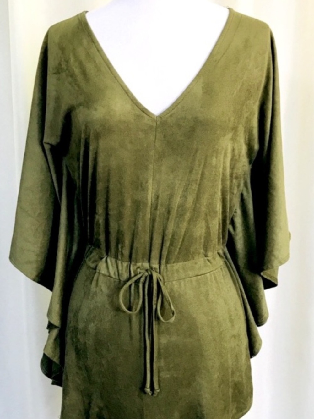 PERFECT Olive Green Suede Romper w/ Winged Sleeves & Stretchy Adjustable Waist